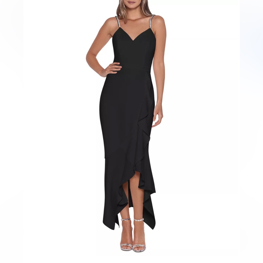 XSCAPE Rebecca Midi Scuba Crepe Rhinestone Spaghetti Strap Dress Sz 10.